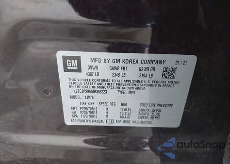 2021 Chevrolet Trax Awd Lt из США, поврежденный, VIN KL7CJPSB6MB353223